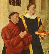 left wing of Melun diptych depicts Etienne Chevalier with his patron saint St. Stephen, Jean Fouquet